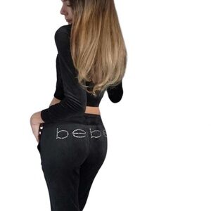 [XS] BEBE Black Velour Tracksuit with Rhinestone Logo